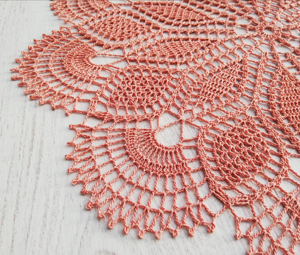 Round crochet doily 45cm, delicate and very detailed lace table centrepiece in coral colour