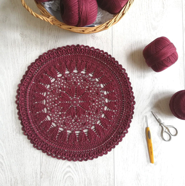 Burgundy doily crochet 30cm , handmade 3D textured mandala with hearts, unique lace table decor dark red wine colour