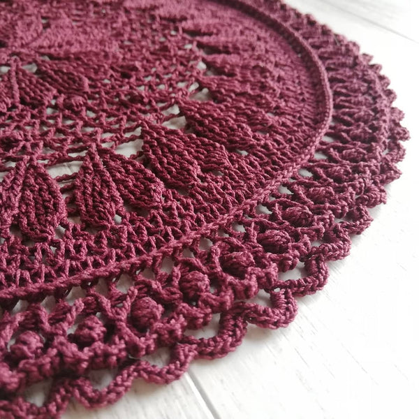 Burgundy doily crochet 30cm , handmade 3D textured mandala with hearts, unique lace table decor dark red wine colour