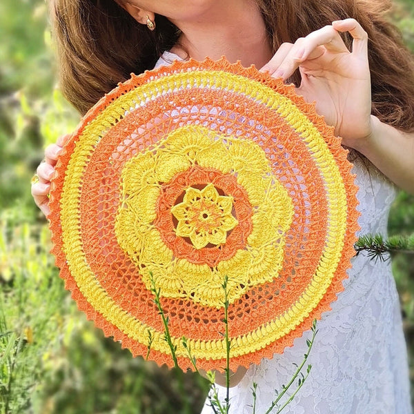 Textured crochet doily pattern, June Flower 3D mandala crochet tutorial, chart and description for a round textured flower doily