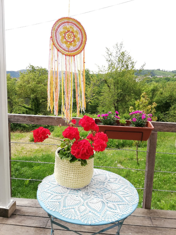 Textured crochet doily pattern, June Flower 3D mandala crochet tutorial, chart and description for a round textured flower doily