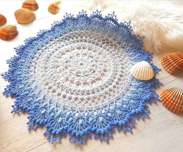 Textured crochet doily pattern, Amelie 3D mandala crochet tutorial, chart and description for a round textured centrepiece