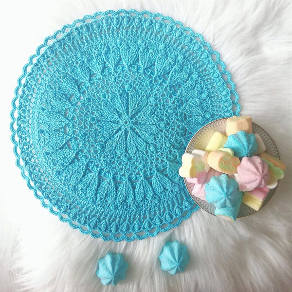 Bright blue round crochet doily with hearts, romantic handmade table decor from France, textured 3D crochet centrepiece