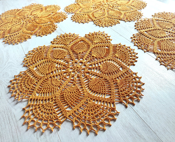 Crochet doily golden colour, handmade lace doily, natural cotton centrepiece , ecological table decor