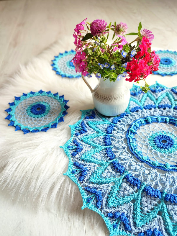 Crochet doily and coaster pattern pdf, detailed tutorial with a text description and a chart for making a 3D textured Morning Dew set.