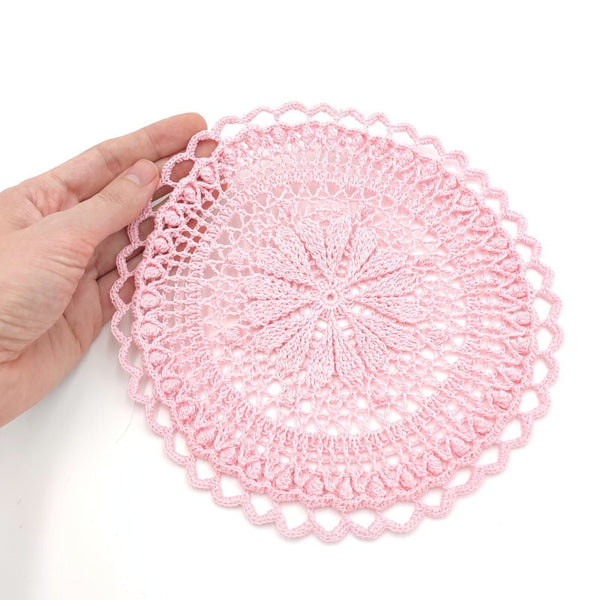 Round crochet coaster with hearts, cute and romantic handmade table decor, mandala placemat crochet.