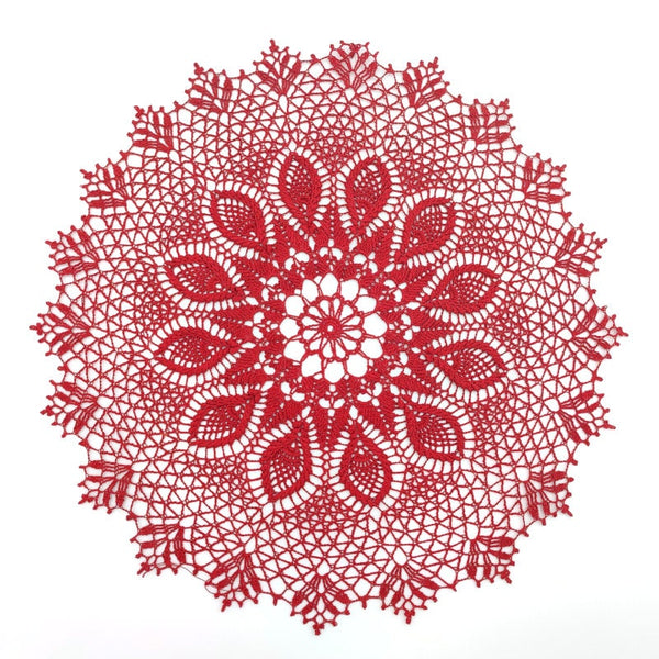 Deep red round crochet doily with 3D elements