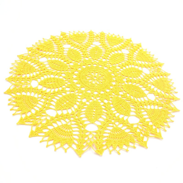 Bright yellow crochet doily 35cm, beautiful round handmade centrepiece