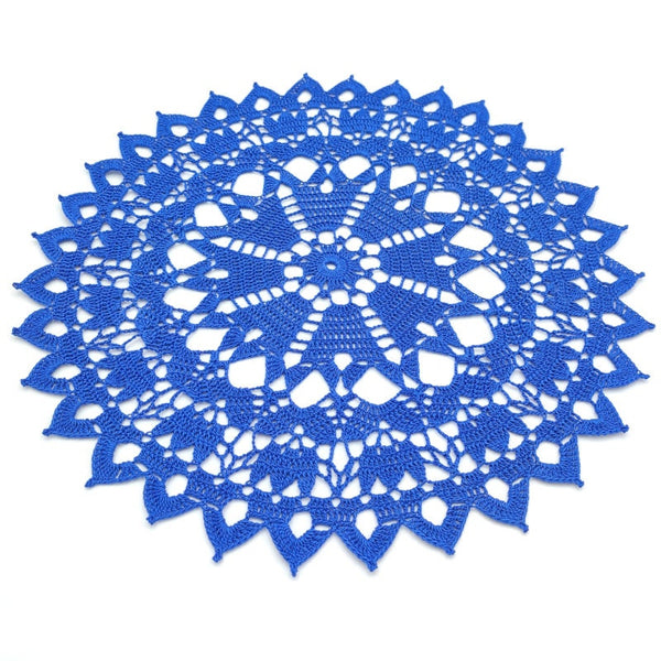 Royal blue round crochet centrepiece 37cm, classic handmade doily, natural pure cotton table decor