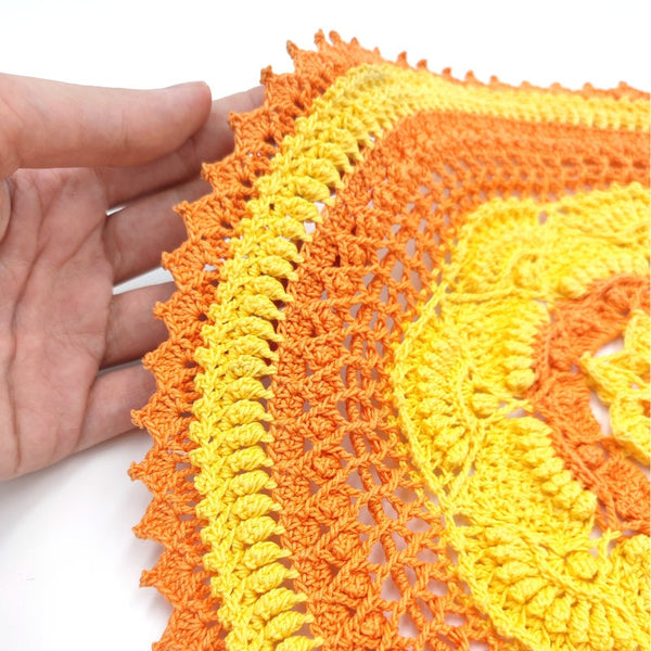 Bright orange and yellow textured crochet centrepiece, colourful handmade doily crochet, natural flower mandala table decor