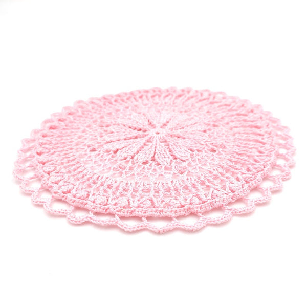 Round crochet coaster with hearts, cute and romantic handmade table decor, mandala placemat crochet.