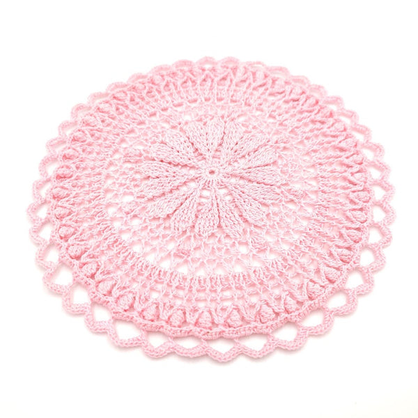 Round crochet coaster with hearts, cute and romantic handmade table decor, mandala placemat crochet.