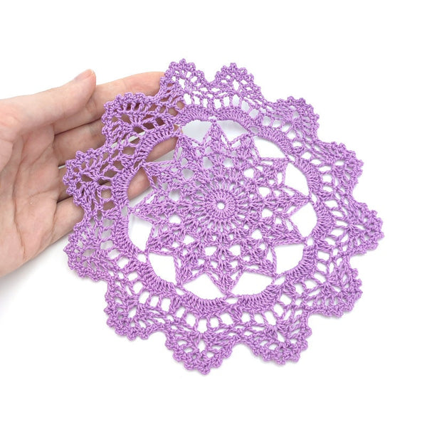 Small purple doily, beautiful crochet coaster to order, cotton mandala placemat handmade