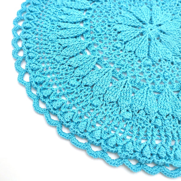 Bright blue round crochet doily with hearts, romantic handmade table decor from France, textured 3D crochet centrepiece