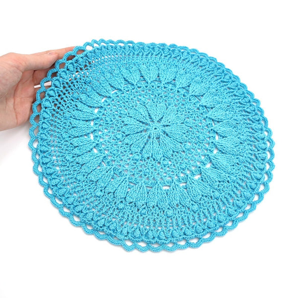 Bright blue round crochet doily with hearts, romantic handmade table decor from France, textured 3D crochet centrepiece