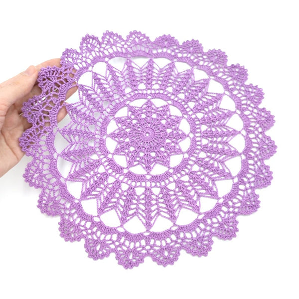 Crochet purple doily 30cm, handmade lace table decor, cotton mandala centrepiece.