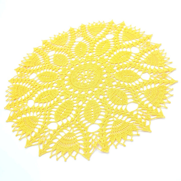 Bright yellow crochet doily 35cm, beautiful round handmade centrepiece