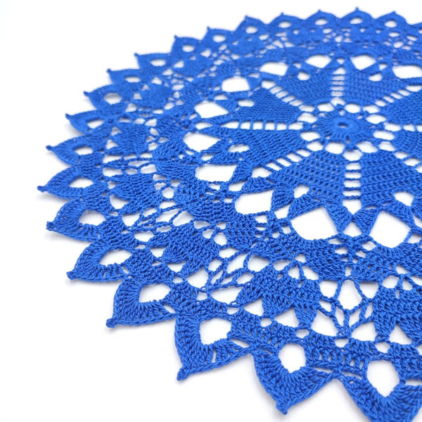 Royal blue round crochet centrepiece 37cm, classic handmade doily, natural pure cotton table decor