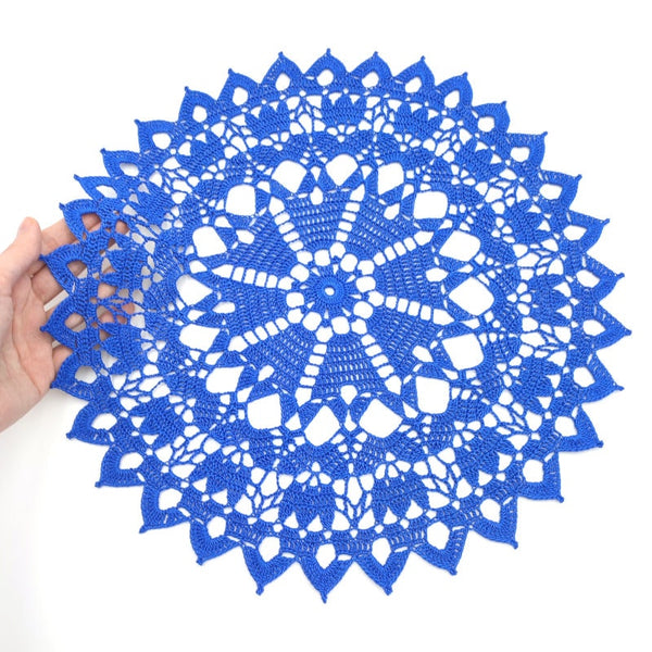 Royal blue round crochet centrepiece 37cm, classic handmade doily, natural pure cotton table decor