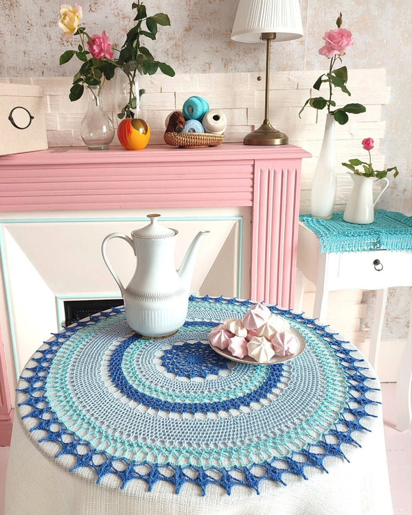 Blue round crochet tablecloth, large multicoloured centrepiece crochet, shabby chic table decor handmade
