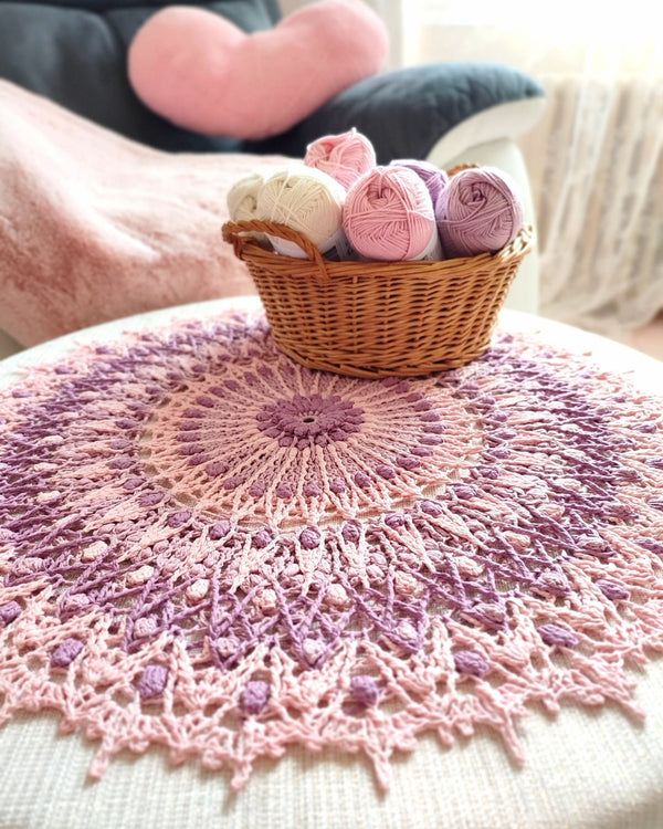 Pink and purple textured centrepiece, multicoloured crochet mandala, shabby chic tablecloth with 3D elements