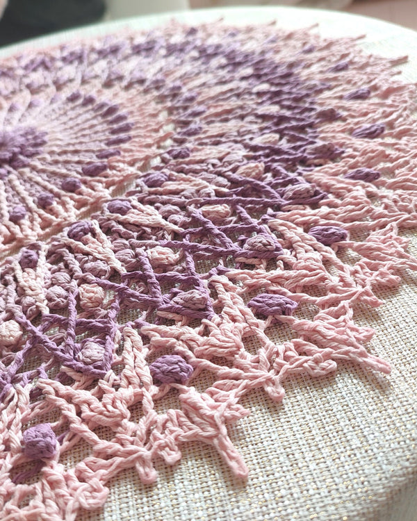 Pink and purple textured centrepiece, multicoloured crochet mandala, shabby chic tablecloth with 3D elements