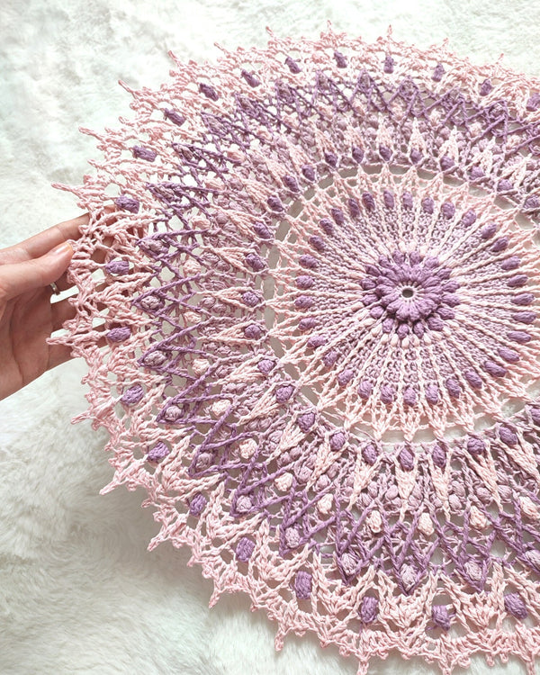 Pink and purple textured centrepiece, multicoloured crochet mandala, shabby chic tablecloth with 3D elements
