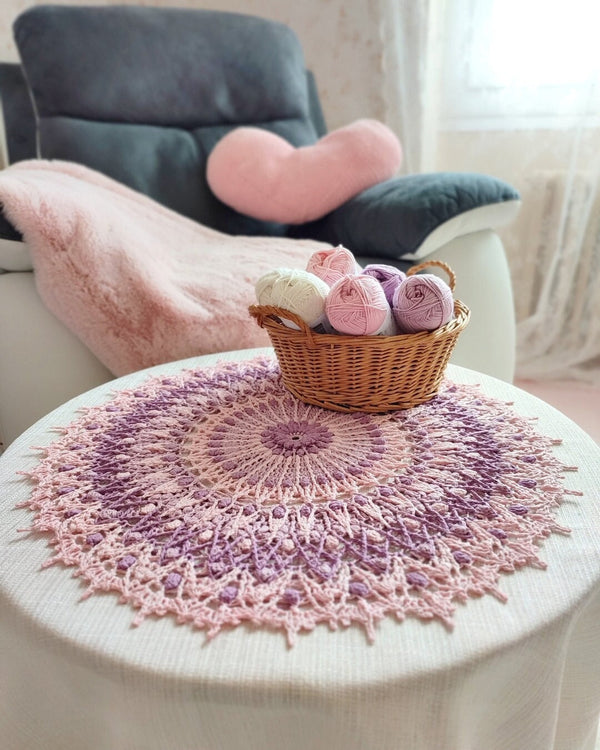 Pink and purple textured centrepiece, multicoloured crochet mandala, shabby chic tablecloth with 3D elements