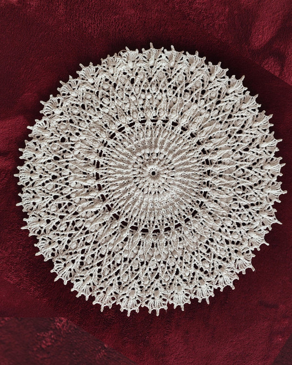 White crochet doily, textured centrepiece with many 3D elements, lace mandala handmade