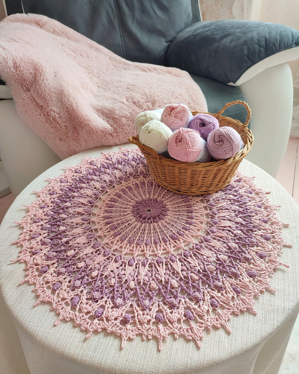 Pink and purple textured centrepiece, multicoloured crochet mandala, shabby chic tablecloth with 3D elements