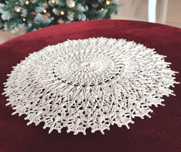 White crochet doily, textured centrepiece with many 3D elements, lace mandala handmade