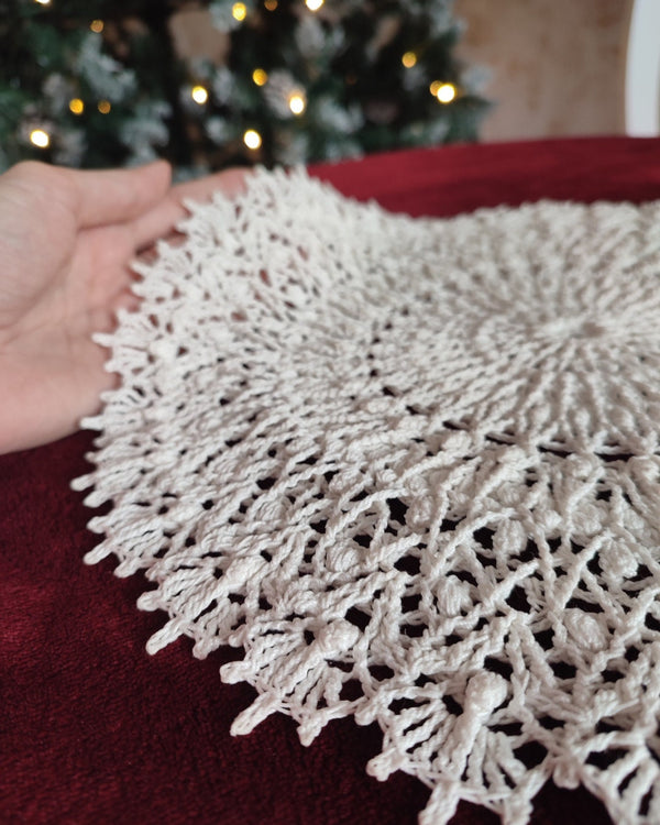 White crochet doily, textured centrepiece with many 3D elements, lace mandala handmade