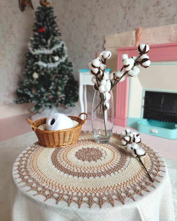 Large multicoloured crochet doily made in shades of natural beige and brown