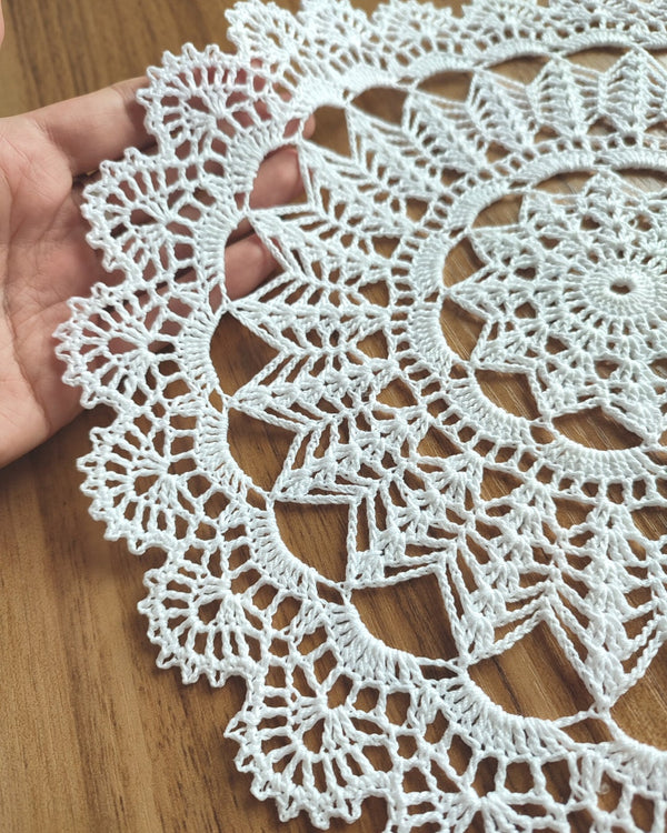 Classic white round crochet doily for decorating breakfast trays and flower compositions