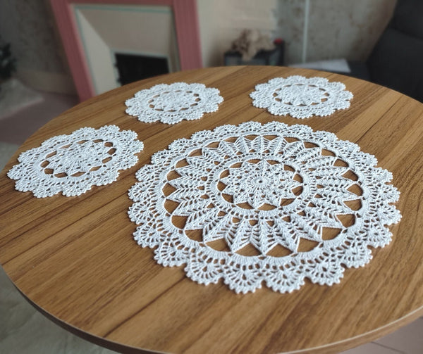 Vintage style table set of one white crochet doily and three coasters