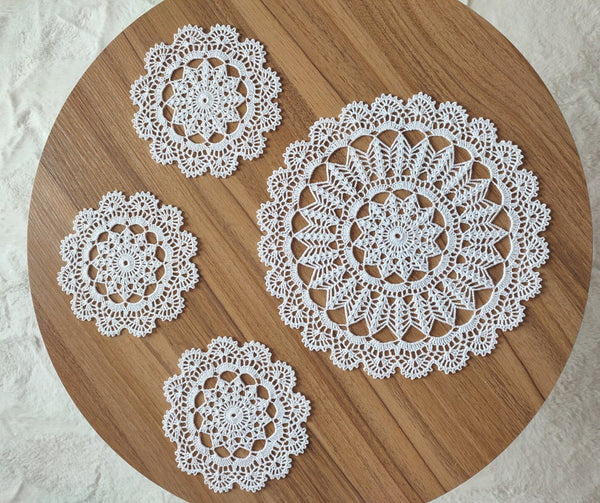 Vintage style table set of one white crochet doily and three coasters