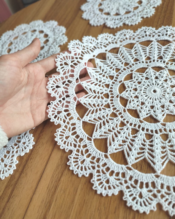 Vintage style table set of one white crochet doily and three coasters