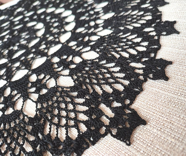 Black lace handmade crochet doily with gothic pattern