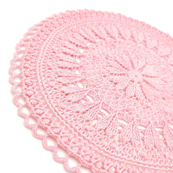 Valentine's day table decor set of a pink crochet placemat and a coaster with hearts