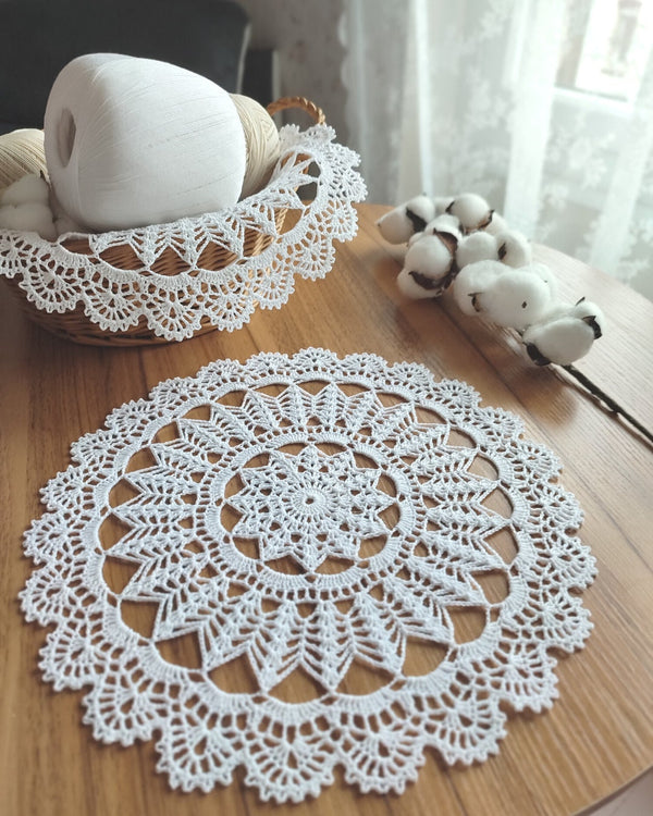 Vintage style table set of one white crochet doily and three coasters