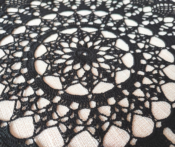 Black lace handmade crochet doily with gothic pattern