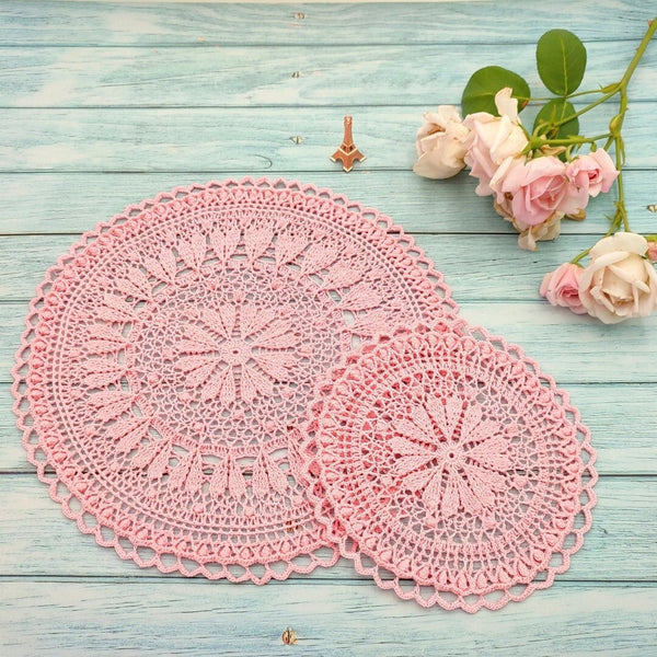 Valentine's day table decor set of a pink crochet placemat and a coaster with hearts