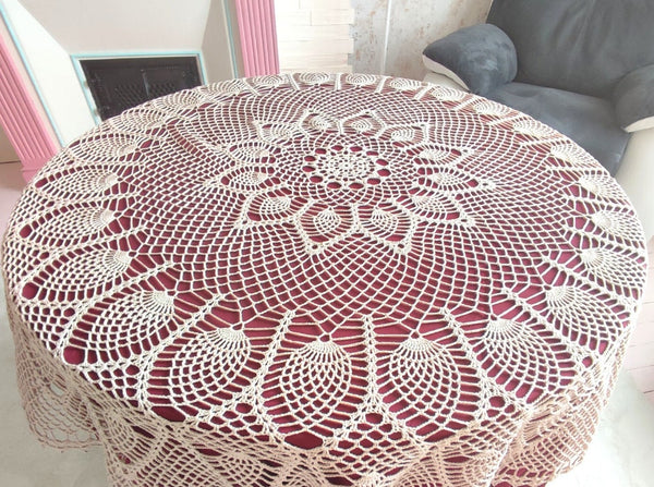 Round crochet tablecloth in beautiful nude beige colour 140cm diameter