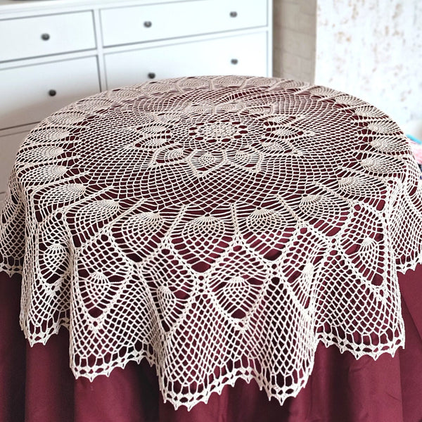 Round crochet tablecloth in beautiful nude beige colour 140cm diameter