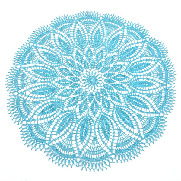 Large mint blue colour doily or small crochet tablecloth for a round coffee table