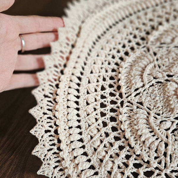 Large ivory textured crochet doily made of pure cotton
