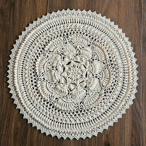Large ivory textured crochet doily made of pure cotton