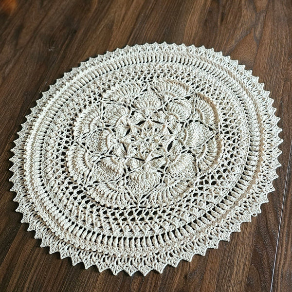 Large ivory textured crochet doily made of pure cotton