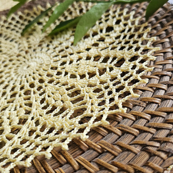Small lemon yellow crochet doily 23cm diameter