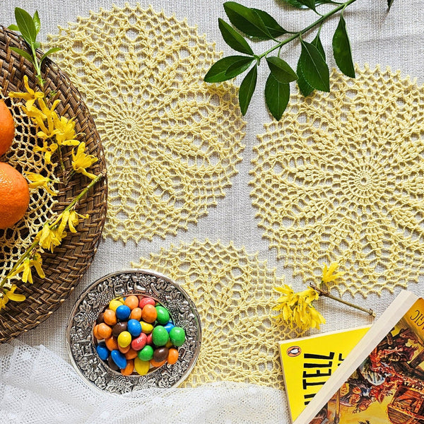Small lemon yellow crochet doily 23cm diameter